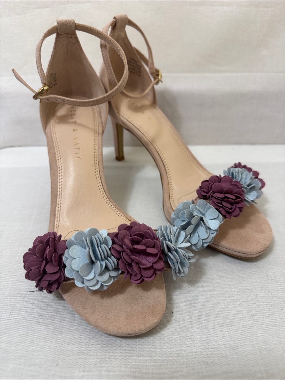 Blush Suede Floral Ankle-Strap High Heels with Mauve Light Blue Floral Flowers